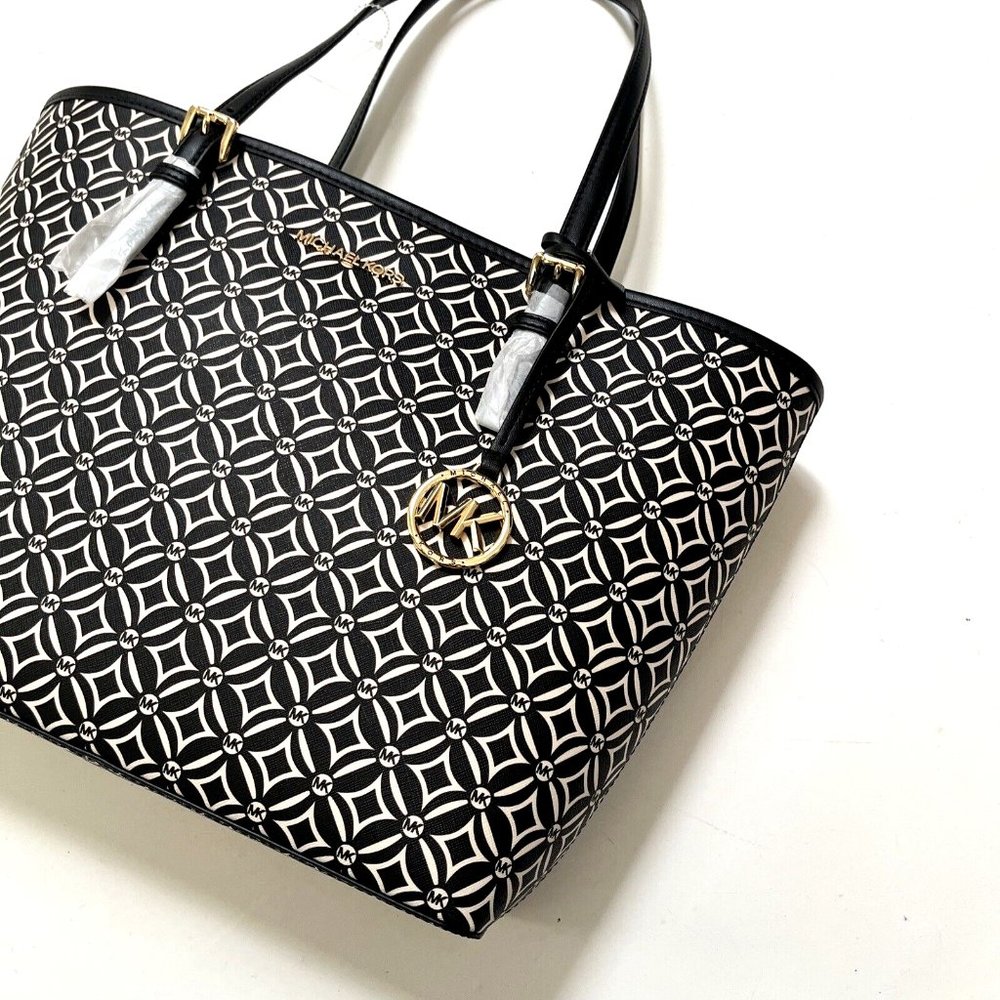 NWT Michael Kors Jet Set Charm Tote Bag Black Geo Print Medium Carryall $330